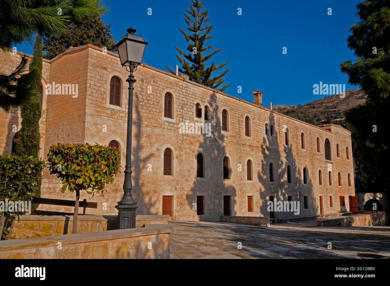 Buildings and terrace at the Monastery of Agios Neofytos in Pafos Cyprus Stock Photo