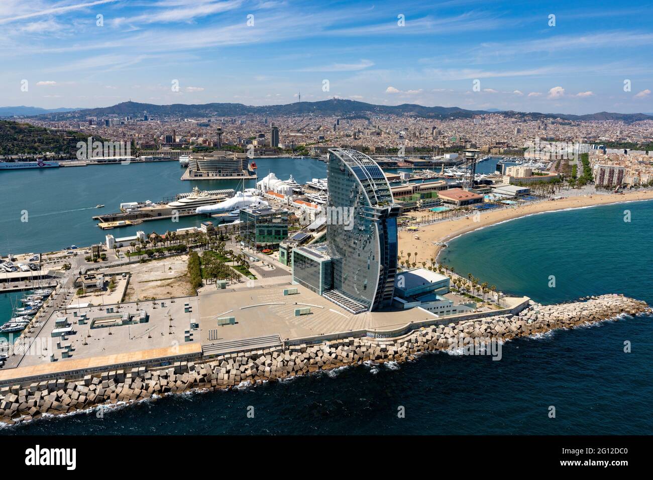 Aerial view of Barcelona from the sea. Barcelona, Spain. Stock Photo