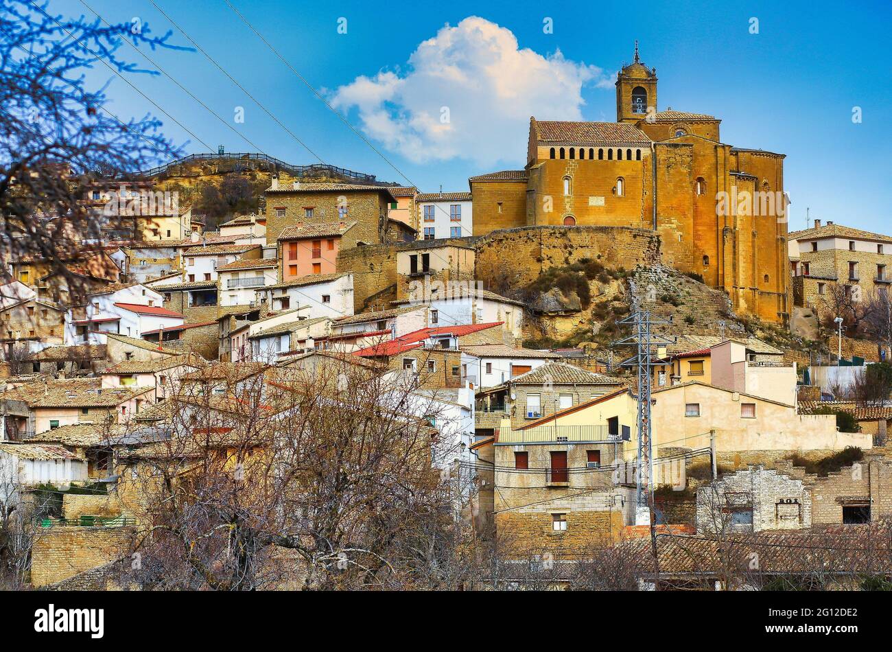 Riglos is a town belonging to the municipality of Las Peñas de Riglos, in the Hoya de Huesca region, located 45 km northwest of the city of Huesca, Stock Photo