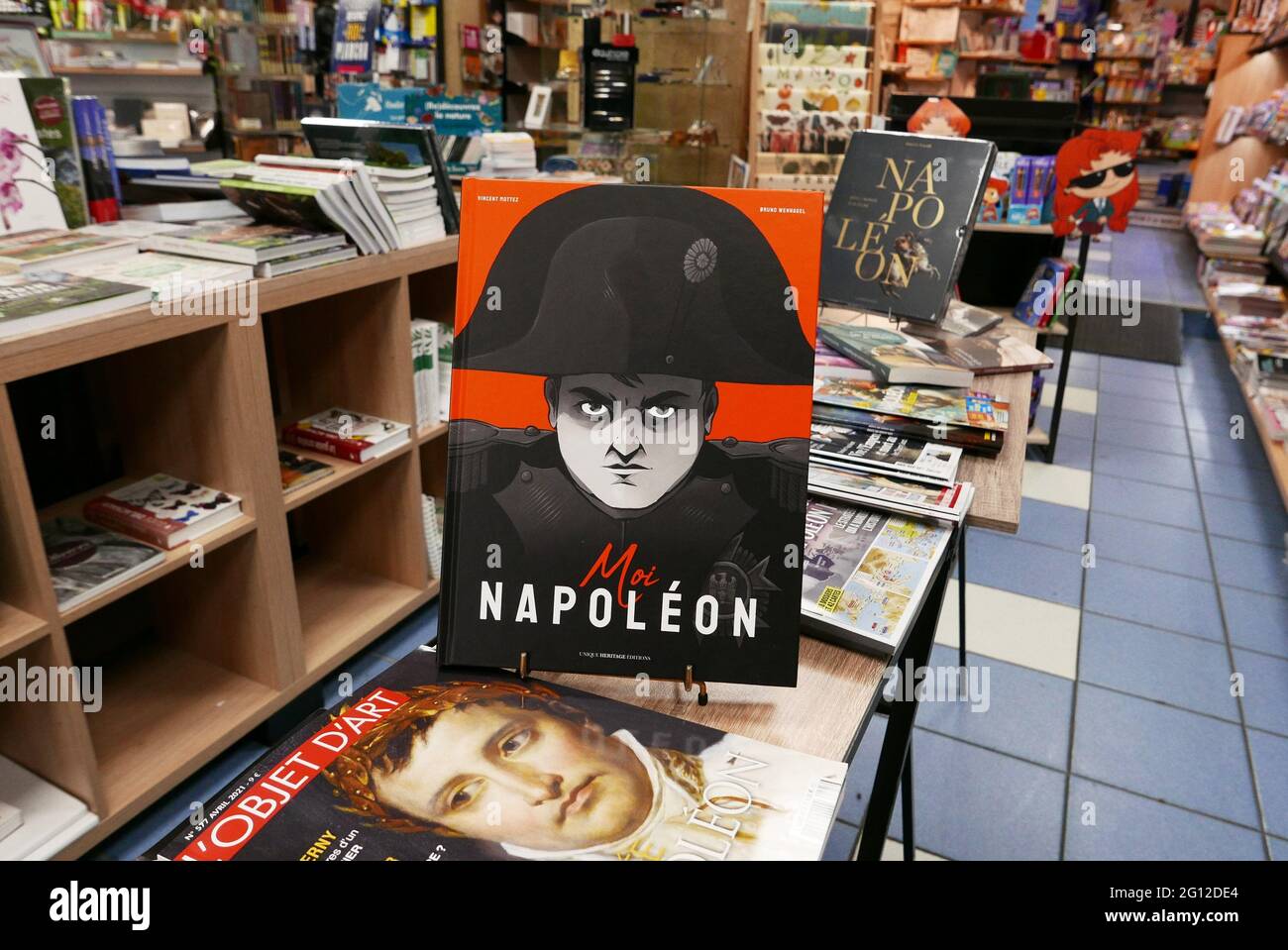 A bookstore displays a recent publication on the 200th anniversary of Napoleon Bonaparte's birth. Stock Photo