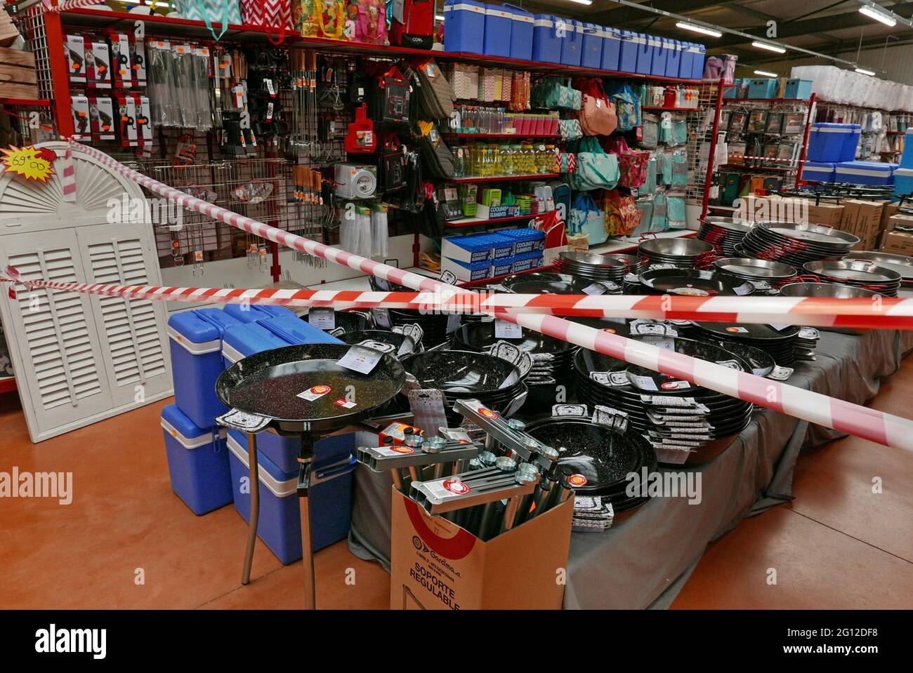 An area of a general purpose store is shut off from sales during the French lockdown April 2021 so as to not compete with single purpose stores. Stock Photo
