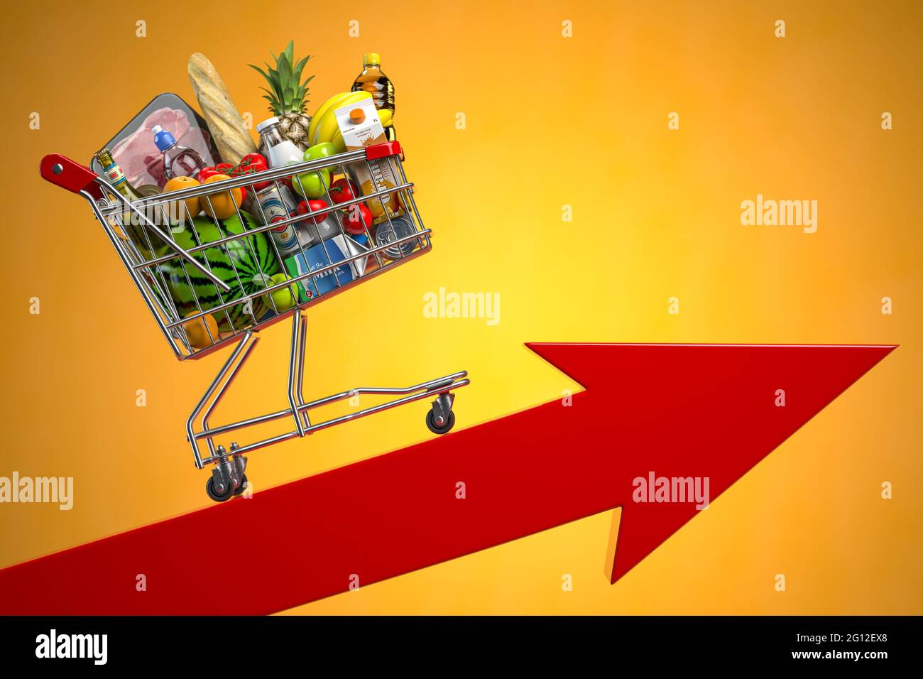 Inflation, growth of food sales, growth of market basket or consumer price index concept. Shopping basket with foods on arrow. 3d illustration. Stock Photo