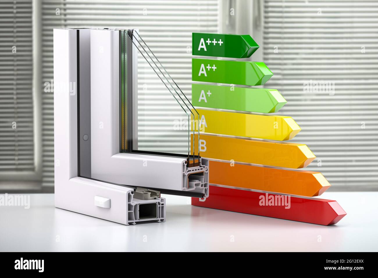 Plastic windows profile PVC and energy efficiency chart. 3d illustration. Stock Photo