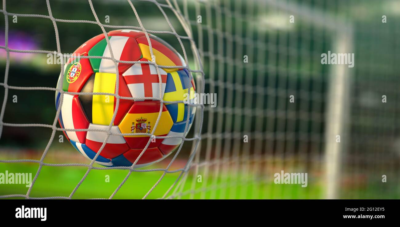 Football ball with flags of european countries in the net of goal of football stadium. Euro championship 2021. 3d illustration. Stock Photo