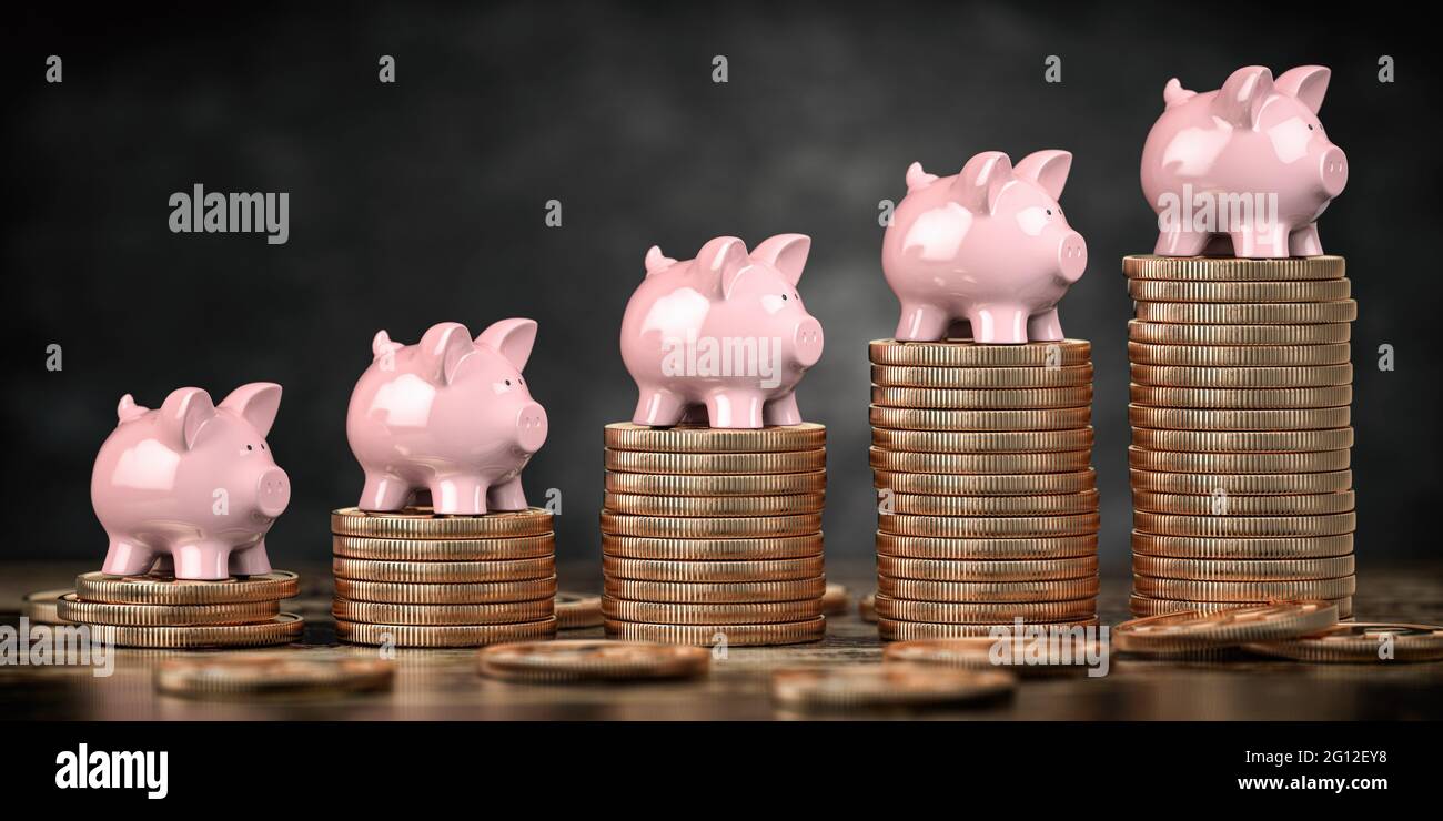 Piggy banks on stacks of golden coins. Fiinancial growth, deposit, investment and savings concept background. 3d illustration. Stock Photo