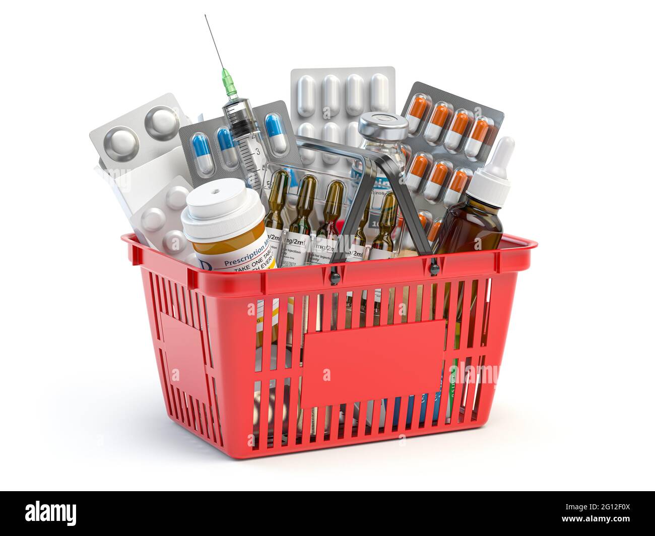 Shopping basket full of medicines, pills, blisters and vaccine isolated on white. 3d illustration. Stock Photo