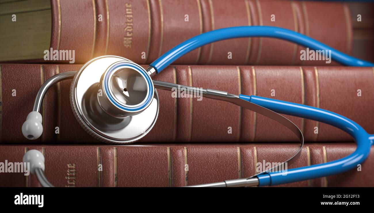 Stethoscope and medical books. Studying medicine and medical education concept. 3d illustration. Stock Photo