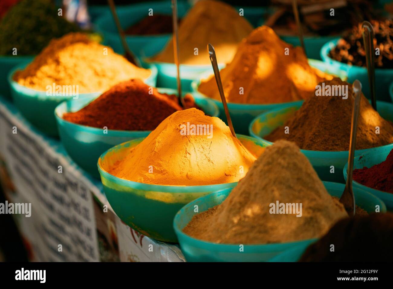 Close View Of Masala Curry, Bright Colors Fragrant Seasoning, Condiment In Tray On Local Food Market, Bazaar. Stock Photo