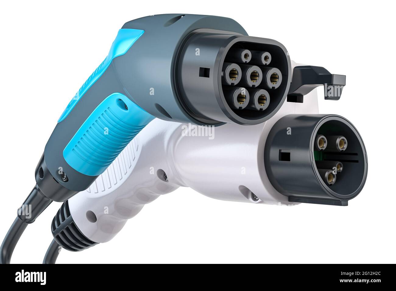 Electric car charger plugs of two different types isolated on white