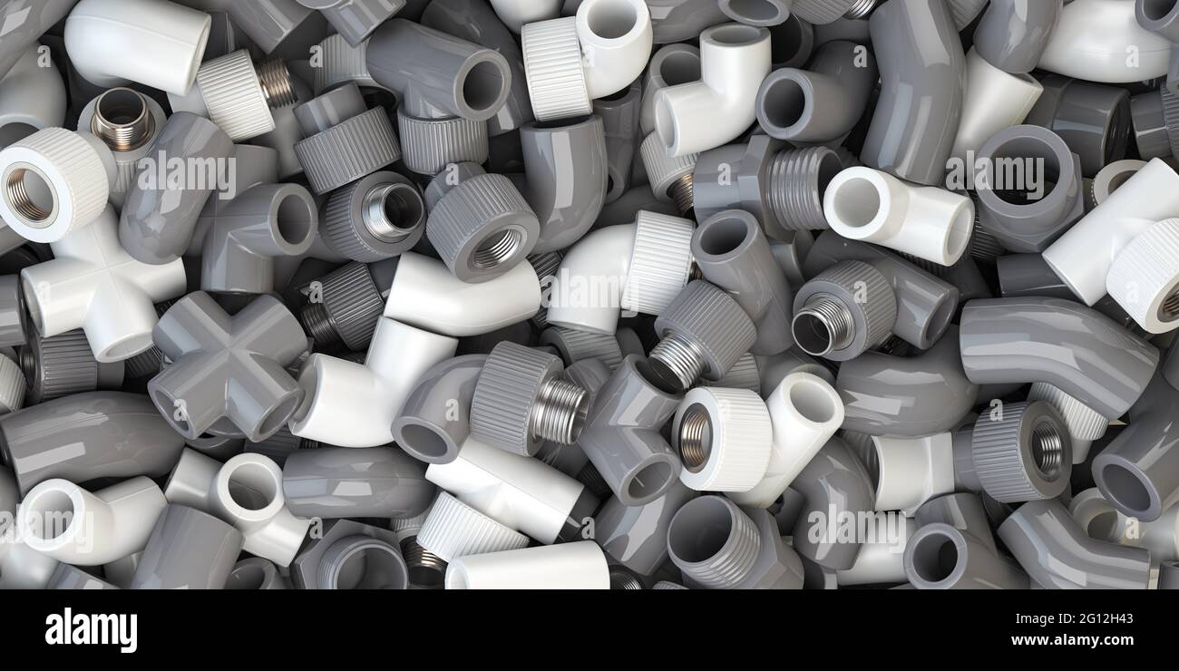 Various fittings of pvc plastic pipes and tubes in heap. Plumbing ackground. 3d illustration. Stock Photo