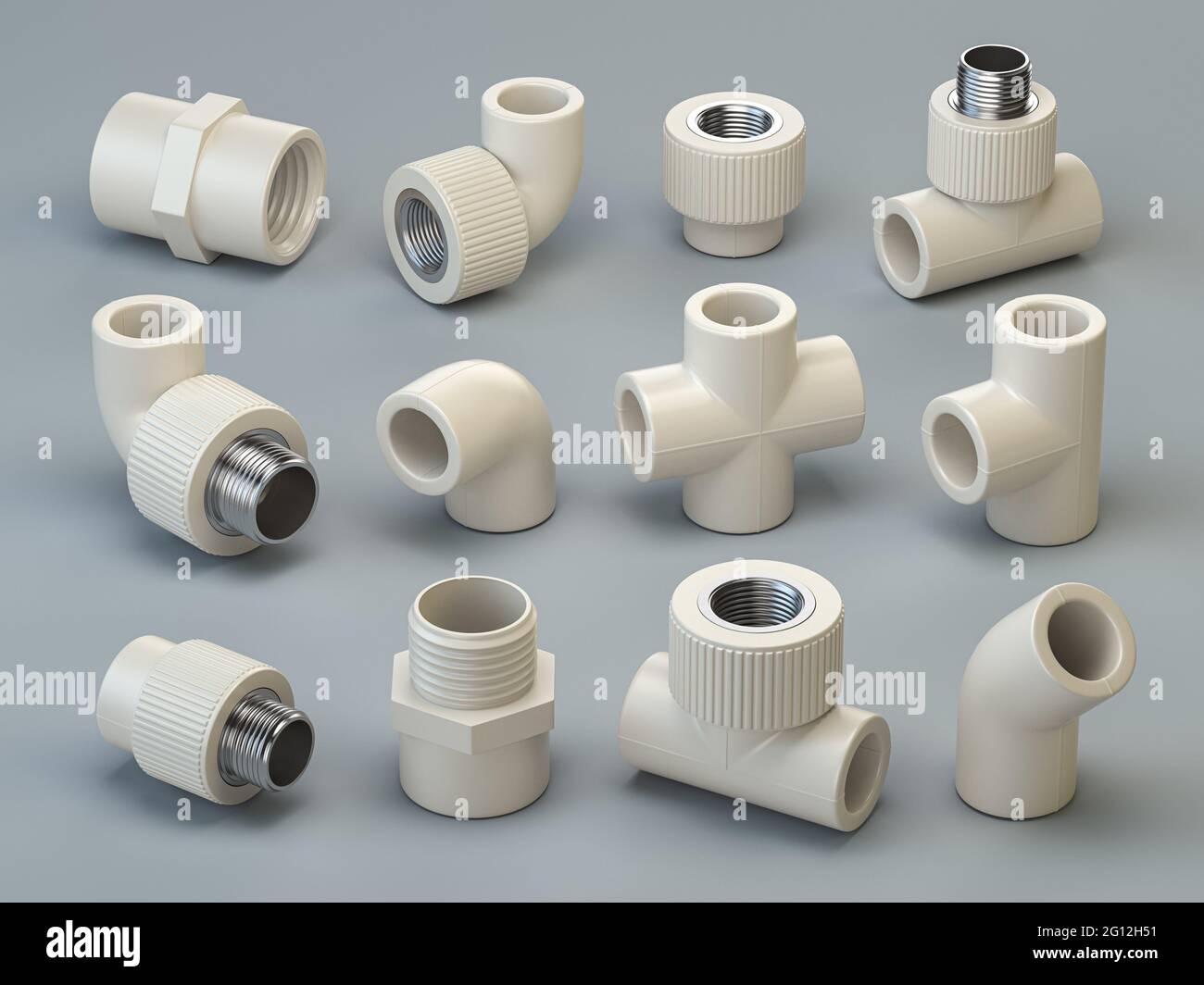 Set of PVC pipe fittings on grey background. 2d illustration. Stock Photo