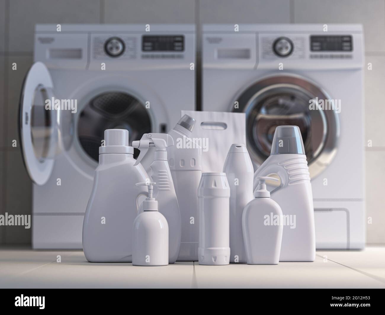Washing machine, detergent bottles and powder. 3d illustration. Stock Photo