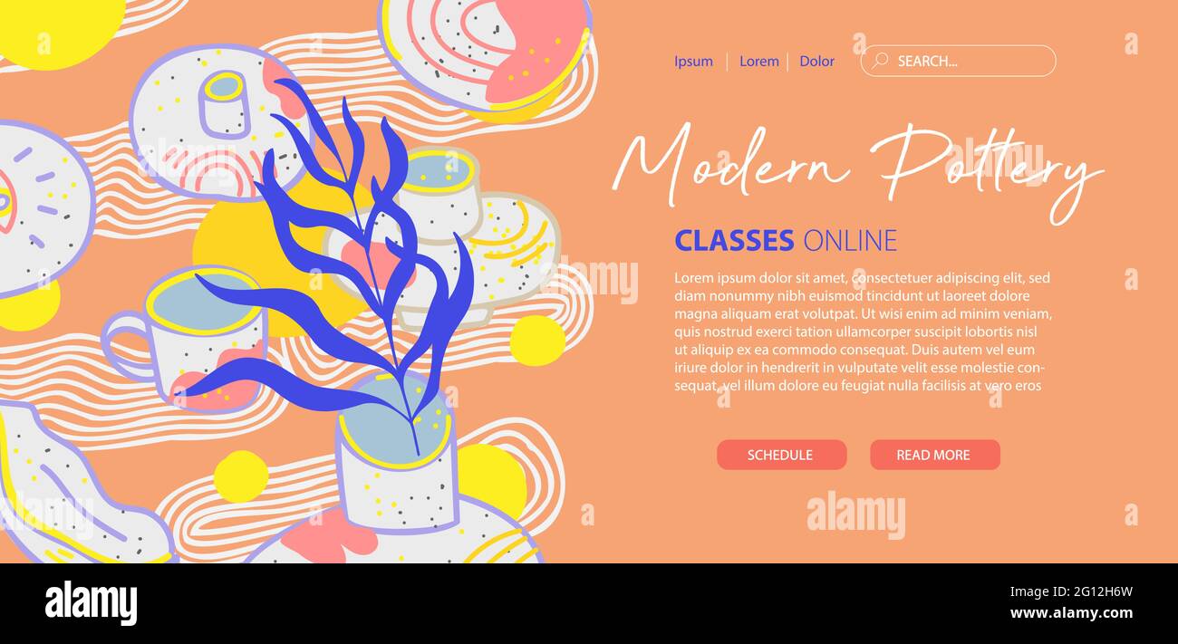 Modern pottery banner, website template, web page, landing page. Design for website and mobile site. Pottery school, ceramics courses, master class Stock Vector