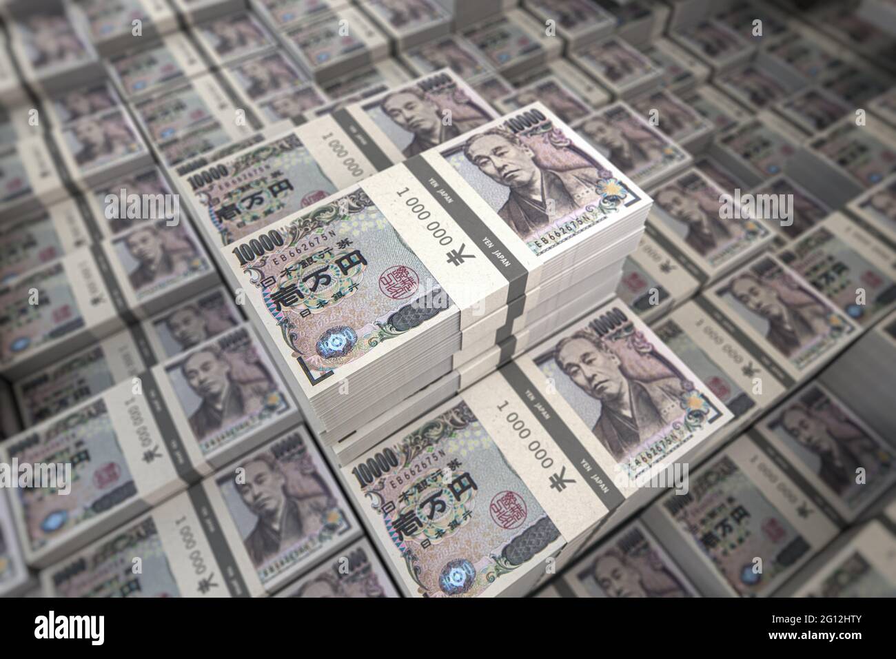 Yen packs background. Growth of income and financial prosperity concept. 3d illustration. Stock Photo