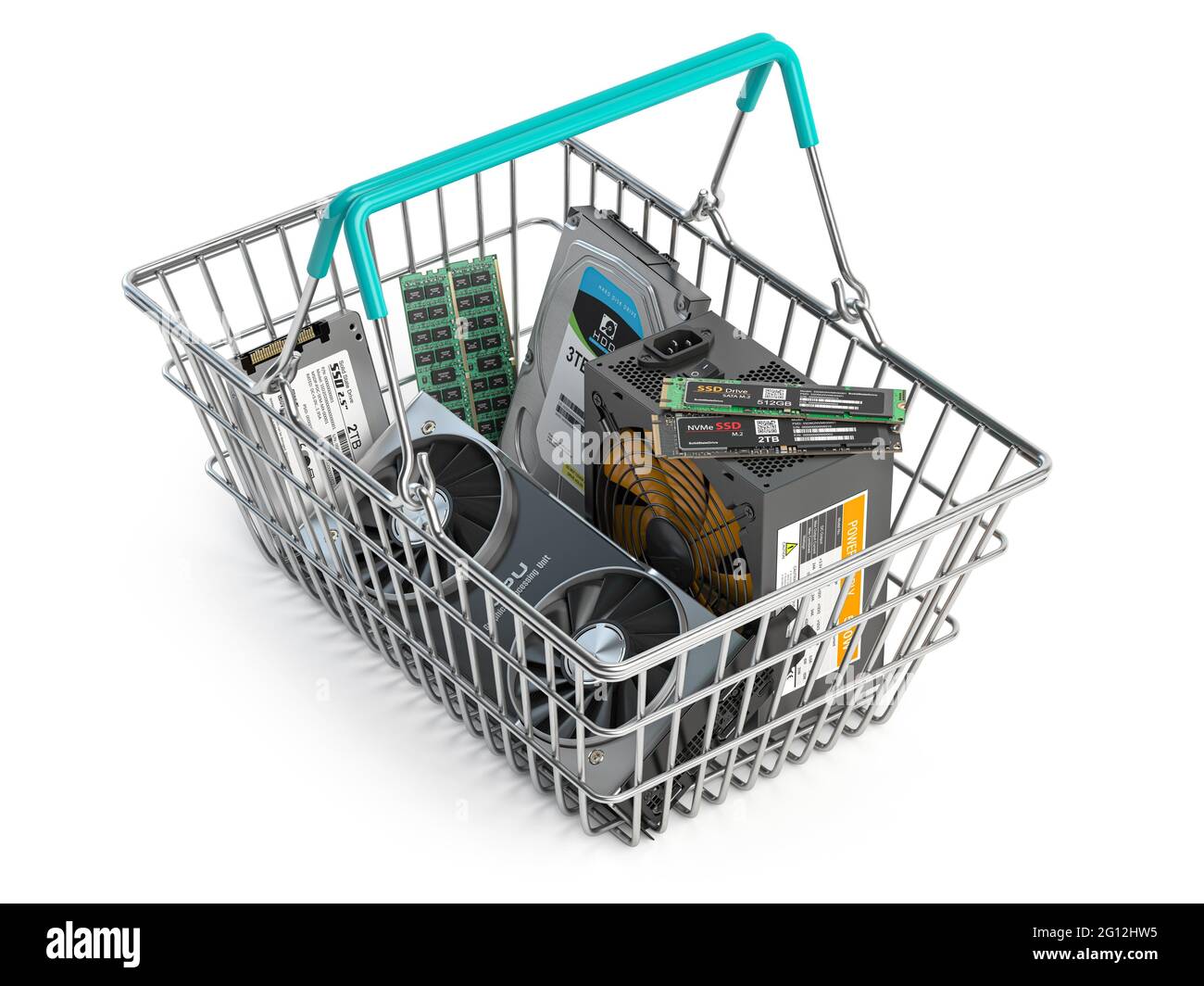 Computer hardware shopping basket. Buying pc computer parts online concept. 3d illustration. Stock Photo