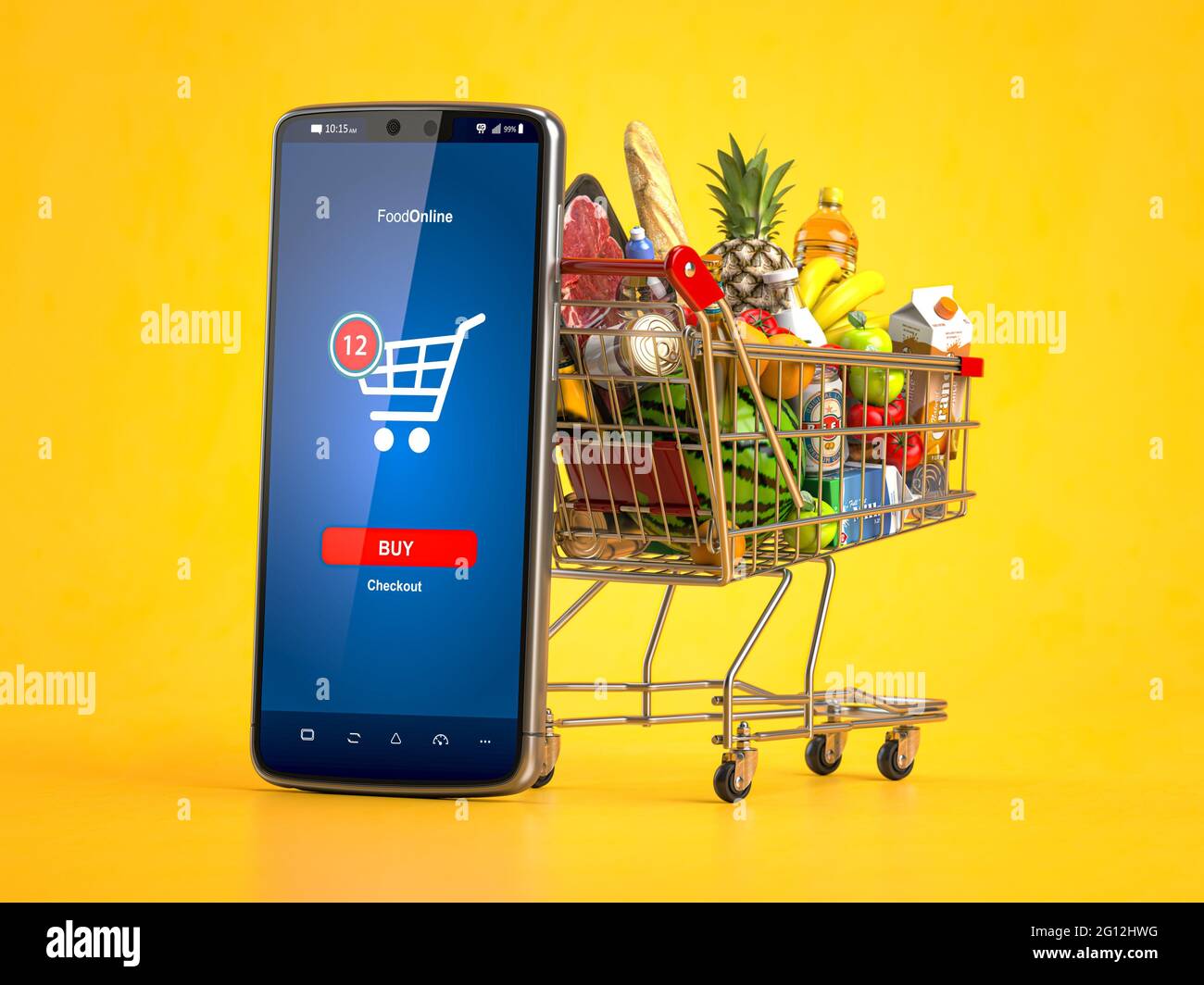 Shopping cart full of food and smartphone. Grocery market shop, food and eats online ordering, buying and delivery concept. 3d illustration. Stock Photo