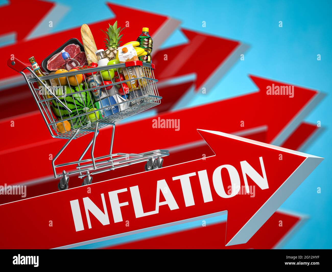 Inflation, growth of market basket or consumer price index concept. Shopping basket with foods on arrow. 3d illustration. Stock Photo