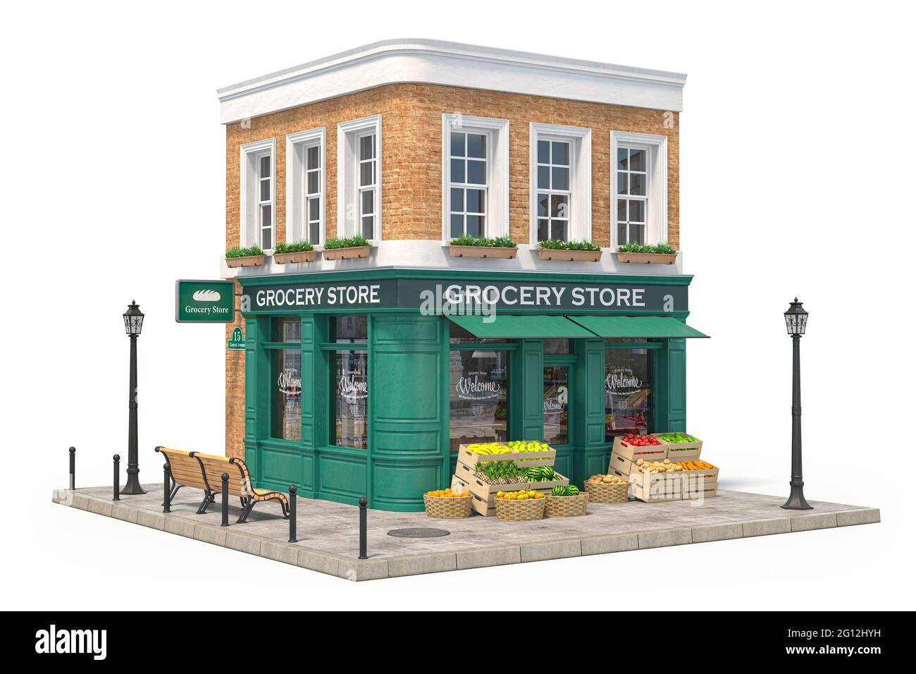 Grocery store shop in vintage style, fruit and vegetables crates on the street. 3d illustration. Stock Photo