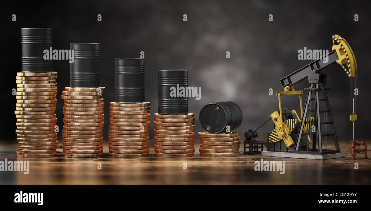 Oil pump jack and barrels on stacks of coins. Decrease of price of crude oil or oil explorati concept. Stock market of crude oil, investment. 3d Stock Photo