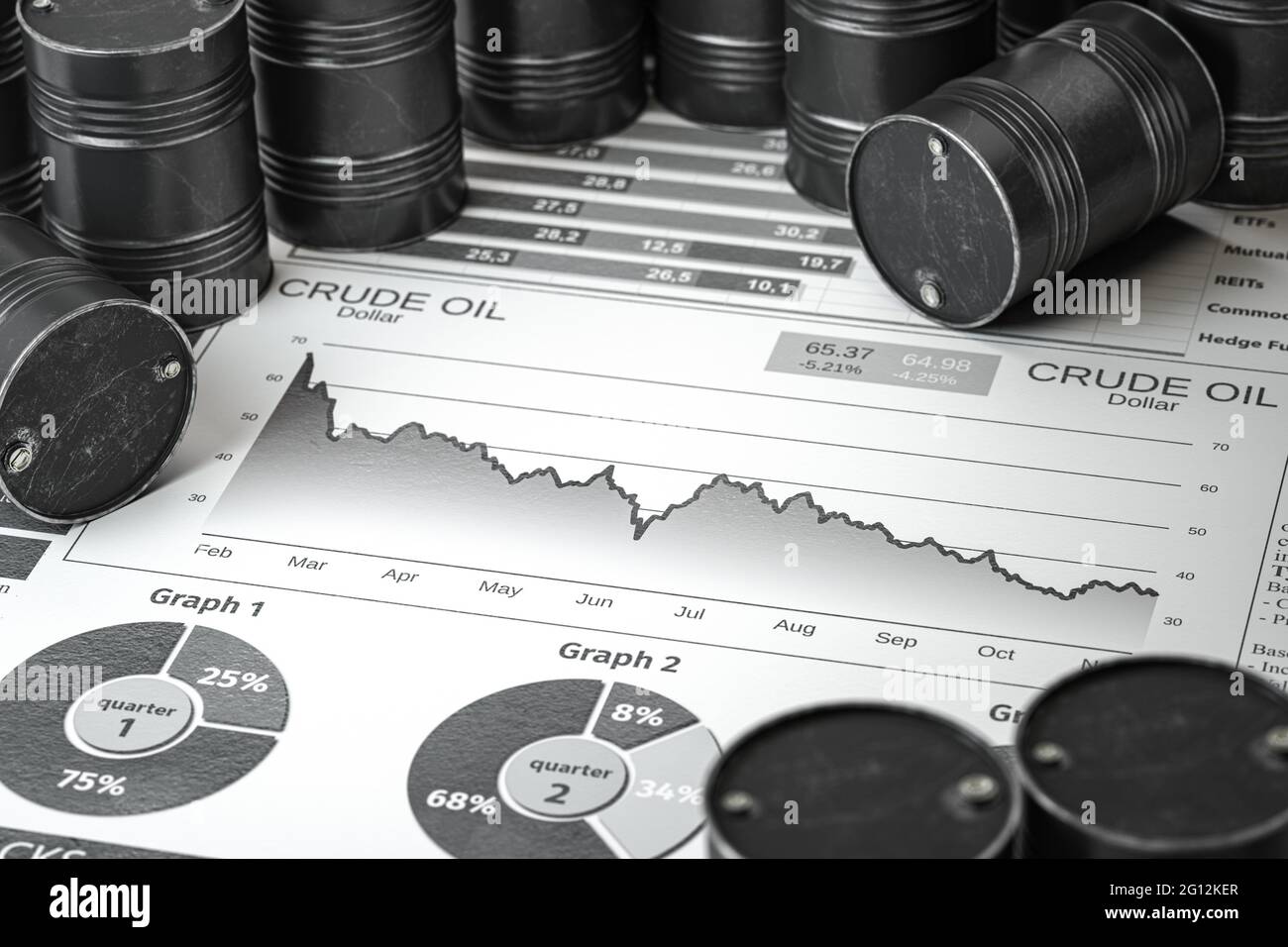 Oil pump jack and barrels on newpaper with gdecrease of price of crude oil. Crisis on stock market of crude oil, investment and petroleum industry. Stock Photo