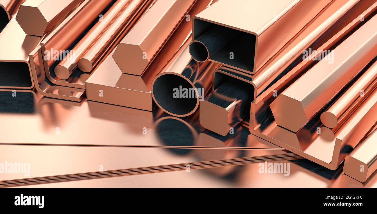 Copper tubes and different profiles in warehouse background. Different copper metal rolled products. 3d illustration. Stock Photo