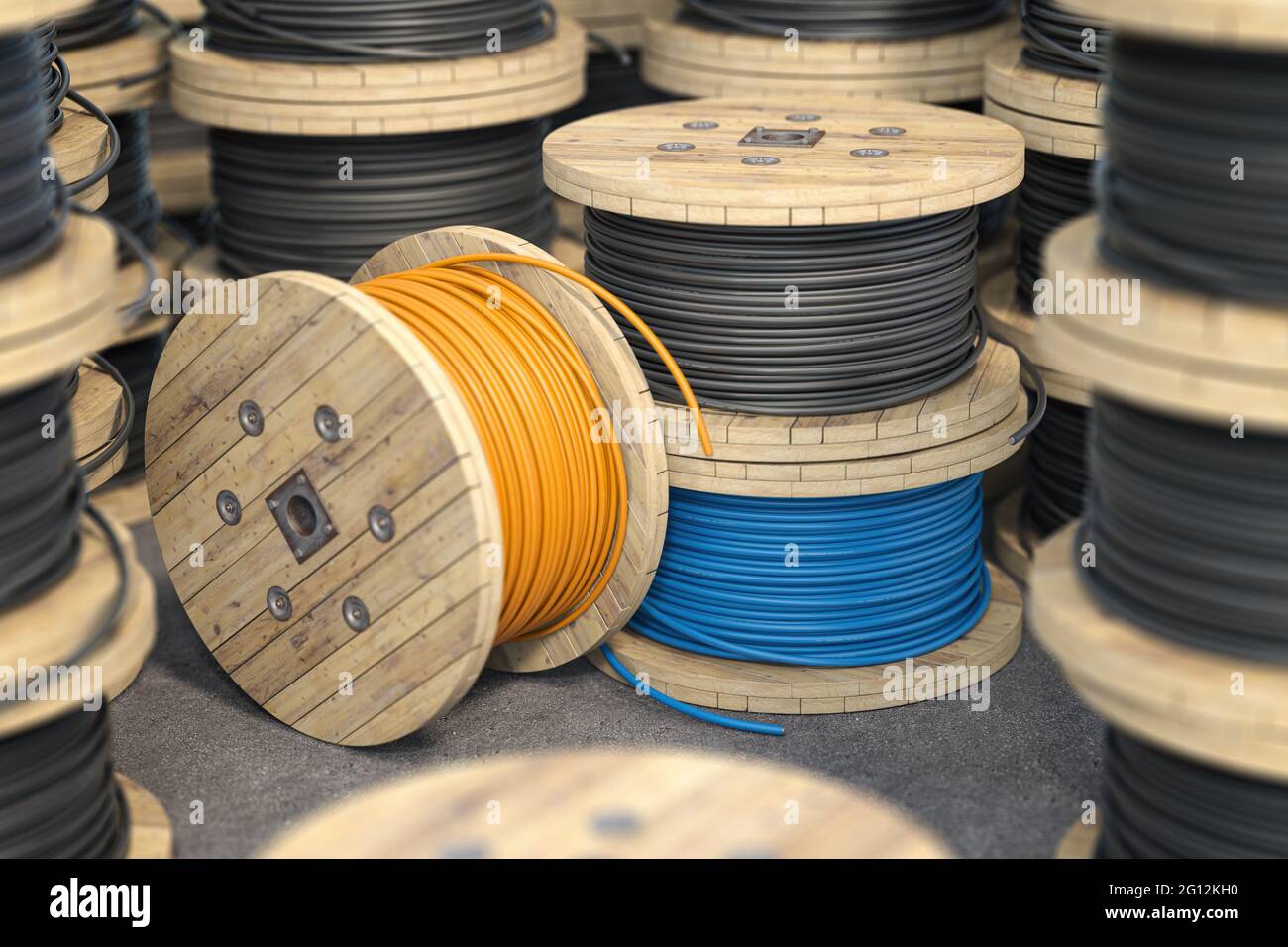 Wire electric cable on wooden coil or spool isolated on warehouse. 3d illustration. Stock Photo