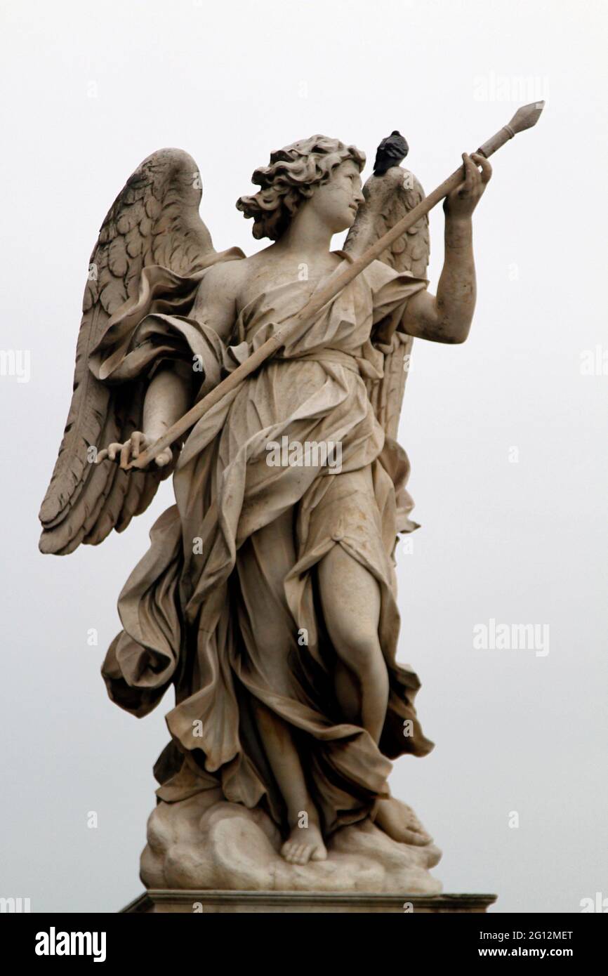 Close view of one of Bernini's statues of an angel in the bridge near