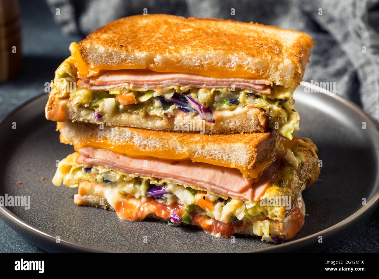 Homemade Korean Gilgeori Street Toast with Egg Ketchup and Cabbage