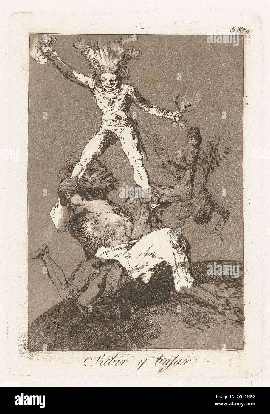 Rise and fall; Subir y bajar; Los Caprichos. A man in a military costume rises and is held by his legs by a Sater. From his head and hands comes smoke. Two other men fall down. Twenty-sixth print from the Los Caprichos series. Stock Photo