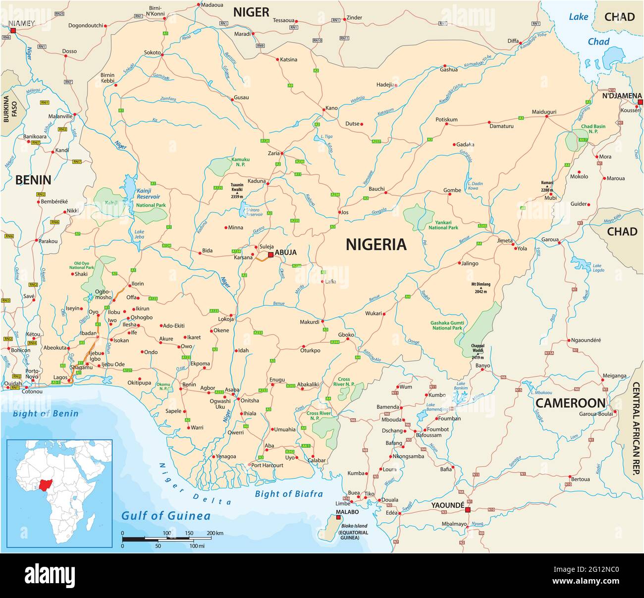 Vector road map of the West African state of Nigeria Stock Vector