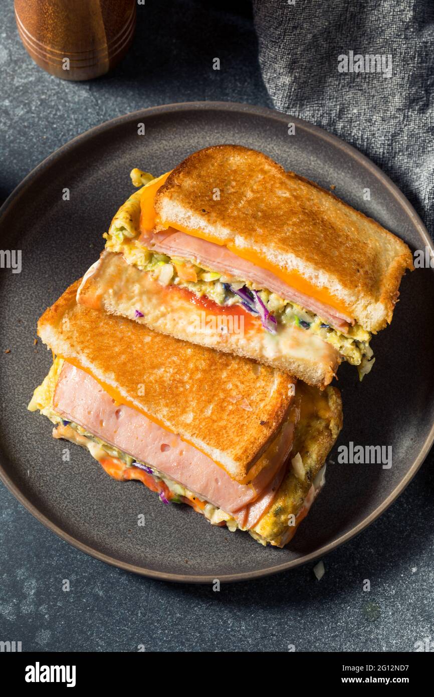 Homemade Korean Gilgeori Street Toast with Egg Ketchup and Cabbage