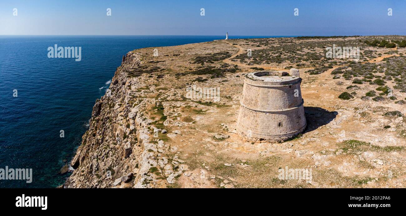 Garroveret tower, Cap de Barbaria, Formentera, Pitiusas Islands, Balearic Community, Spain. Stock Photo