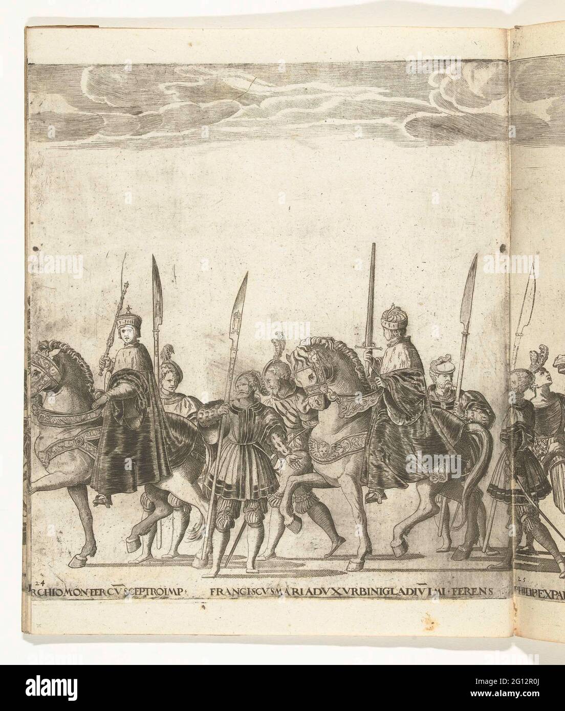 Boniface IV Paleologo, Markgraaf of Monferrato, with the imperial scepter and Francesco Maria della Rovere, Duke of Urbino, with the imperial sword, plate 24; Procession of Karel V with the Pope in Bologna after his coronation to Emperor, 1530. Bonifatius IV Paleologo, Markgraaf of Monferrato, with the imperial scepter and Francesco Maria della Rovere, Duke of Urbino, with the Imperial Sword, plate 24. Procession of Karel V With the Pope Clemens VII in Bologna after his coronation to Emperor, February 24, 1530. Stock Photo