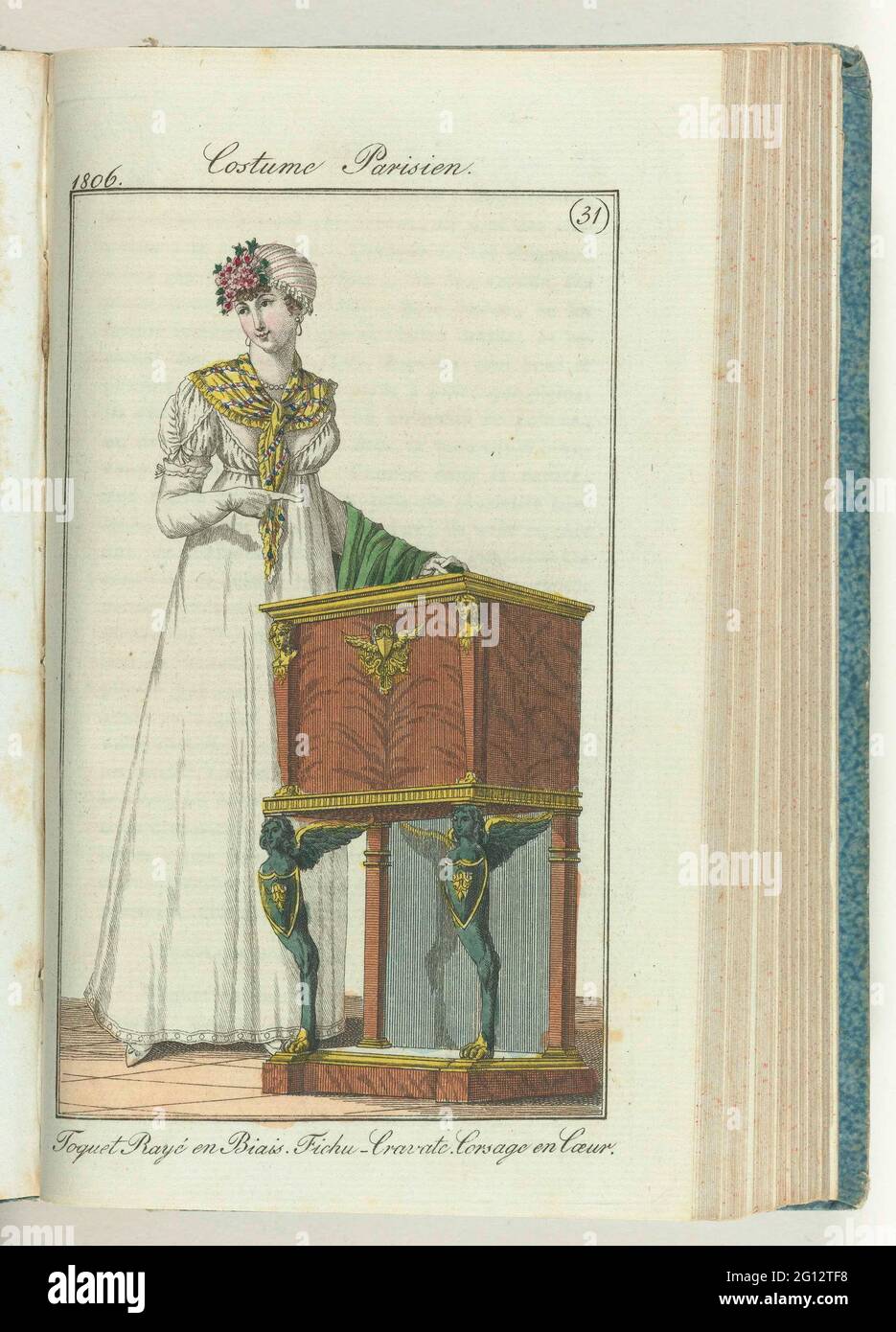 Journal des Ladies et des Modes, edition Frankfurt 28 Juillet 1806, Costume  Parisien (31): Toquet Rayé and Biais. FICHU-CRAVATE. Corsage and Coeur ..  woman at chifonnier (described as "a new type of