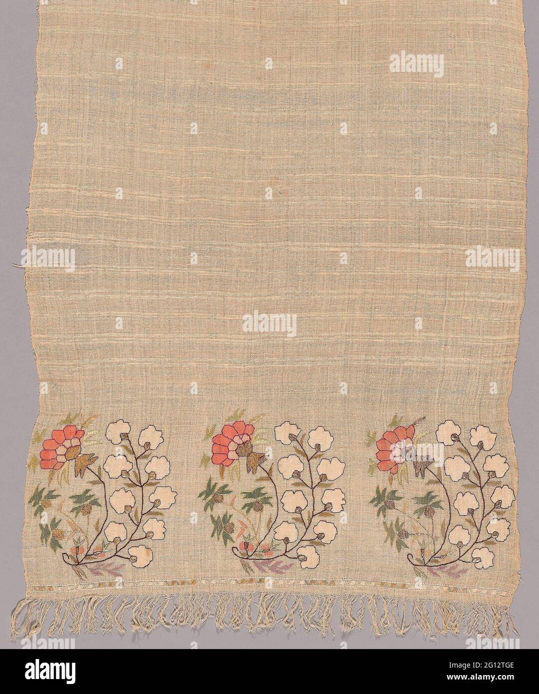 Towel 19th century Turkey. Linen and cotton, plain weave; embroidered with silk, linen and