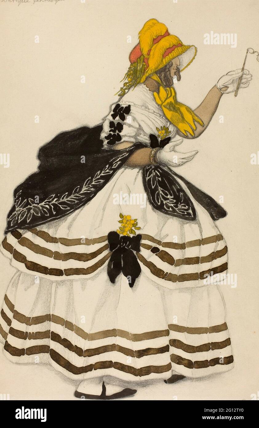 Lon Bakst. Costume Design for Woman with a Lorgnette, for Ballet Boutique Fantastique - 1918 - Lon Bakst Russian, 1868-1924. Watercolor and graphite, Stock Photo