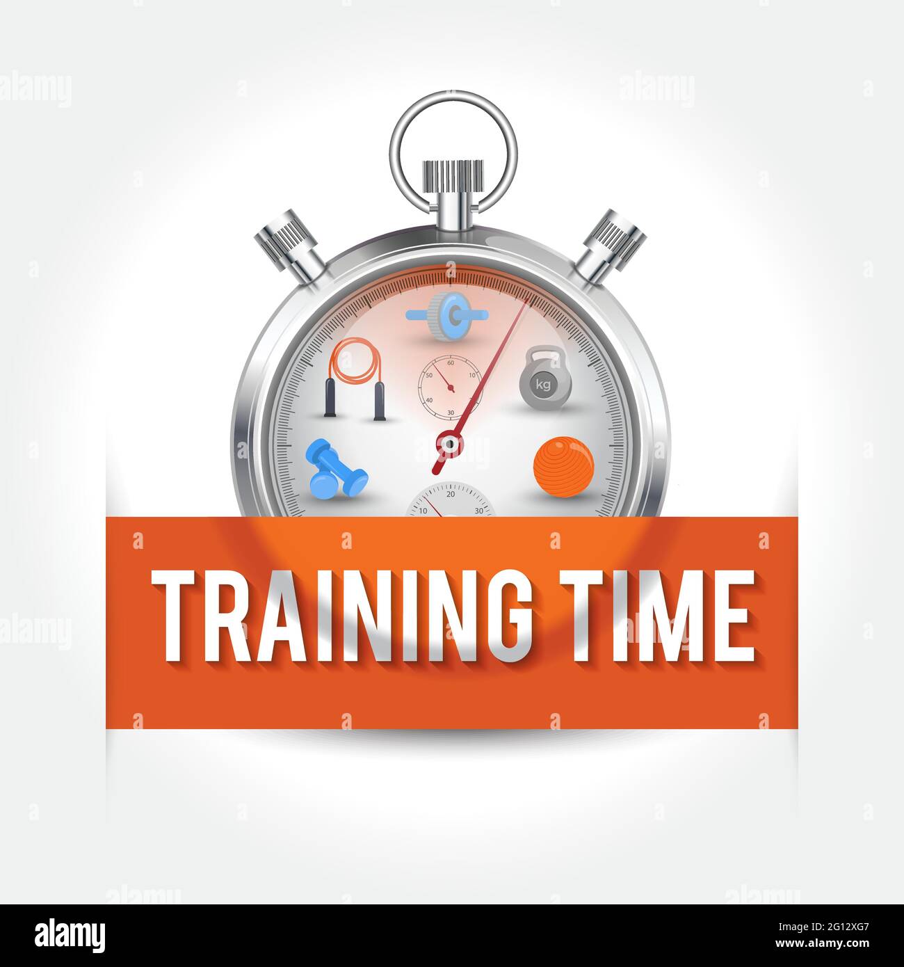 Training Time concept. Stopwatch with a orange information banner. Stock Vector