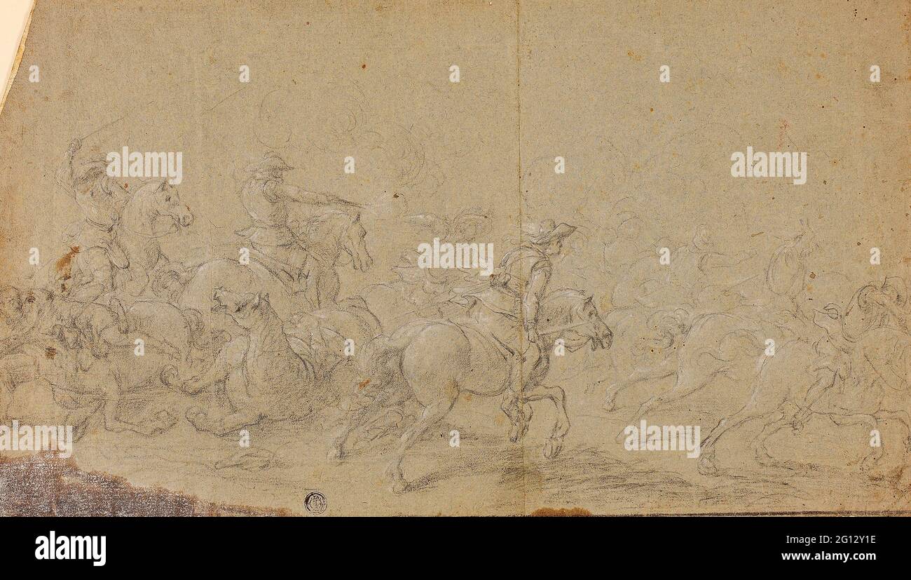 Follower of Jacques Courtois. Cavalry Fight - Follower of Jacques Courtois French, 1621-1675. Black chalk, heightened with white chalk, on Stock Photo