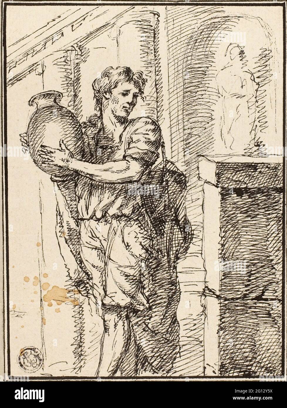 David Pierre Giottino Humbert de Superville. Man Holding Jar - 1785 - David Pierre Giottino Humbert de Superville Dutch, 1770-1849. Pen and black ink Stock Photo