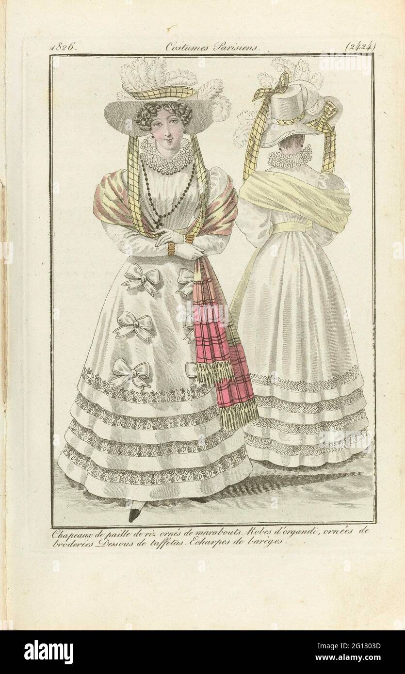 Ladies' diary and modes 1826, Parisian costumes (2424). Rice straw hats  adorned with Marabouts.rovertes d'Organdi, adorned with embroidery. Under  taffeta. Scarves of Barèges Stock Photo - Alamy