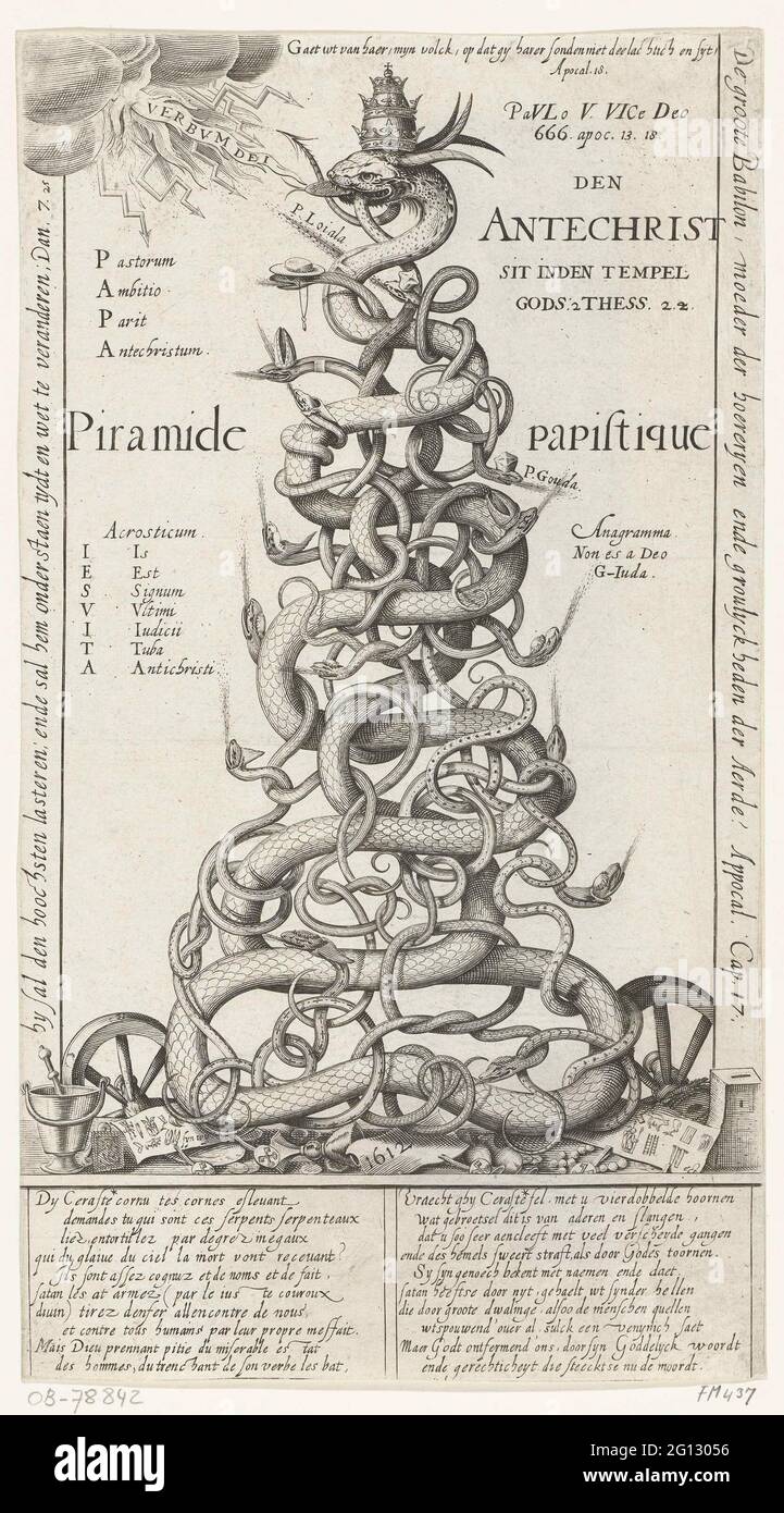 Paapse pyramid; Pyramid papistique. Paapse pyramid, 1612. Pyramid formed by  a large hose presenting the papacy and many small tubes that symbolize  other elements of the Catholic Church. Two small hoses are