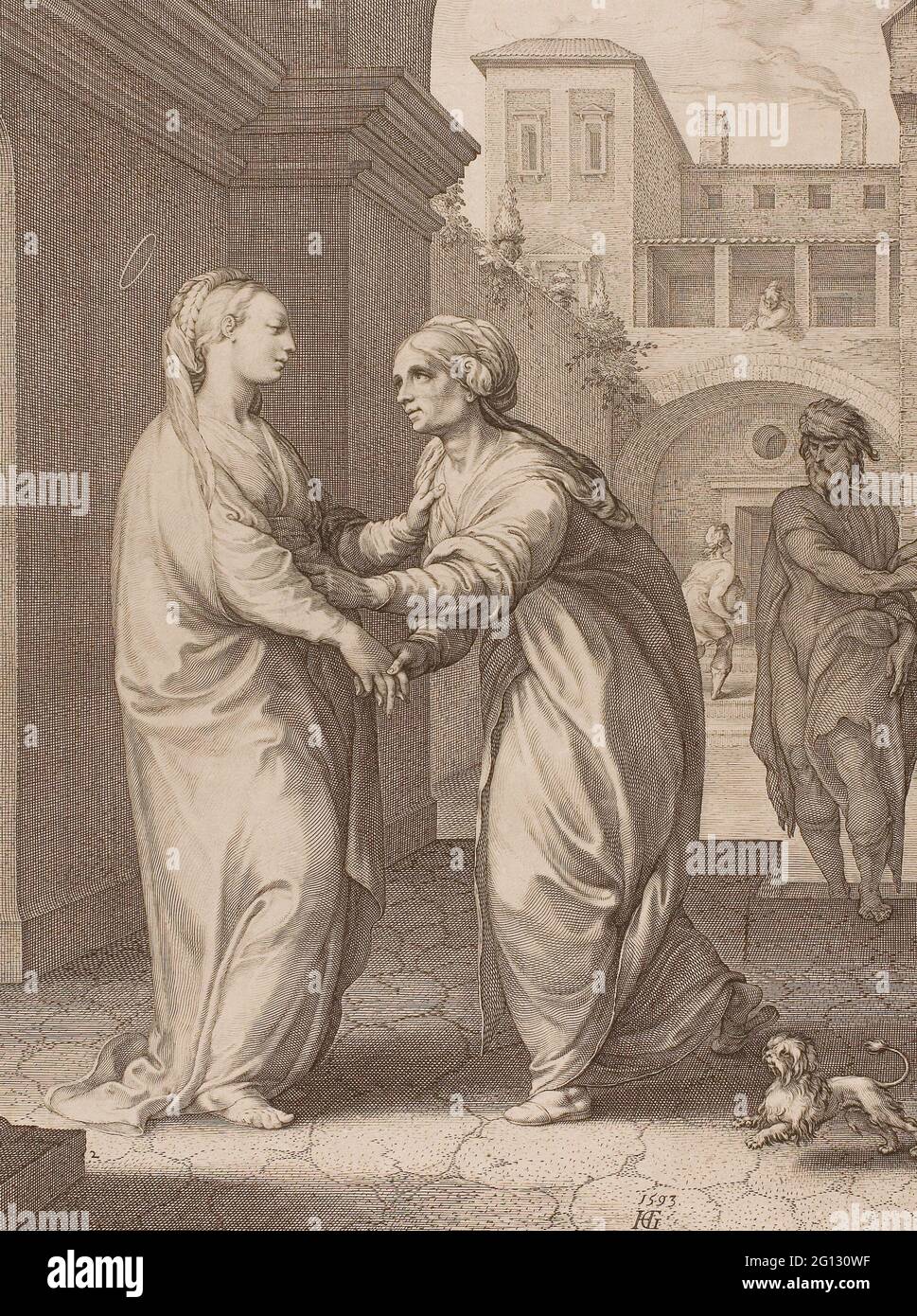Hendrick Goltzius. The Visitation, plate two from The Birth and Early Life of Christ - 1593 - Hendrick Goltzius (Dutch, 1558-1617) Text written by Stock Photo
