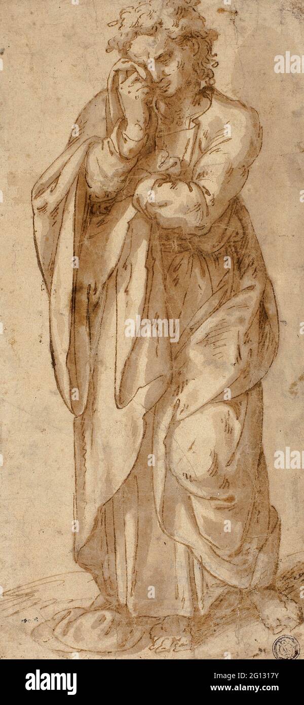 Unknown Milanese. Weeping Saint John the Evangelist - Italian, Milanese Late 16th century. Pen and brown ink with brush and brown wash over traces of Stock Photo