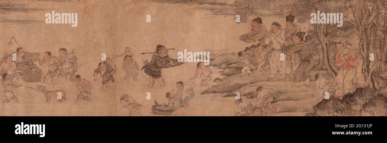 Yang Pu Moving His Family - Yuan dynasty (1279 - 1368) - Artist Unknown Chinese. Handscroll; ink and light color on paper. China. Stock Photo