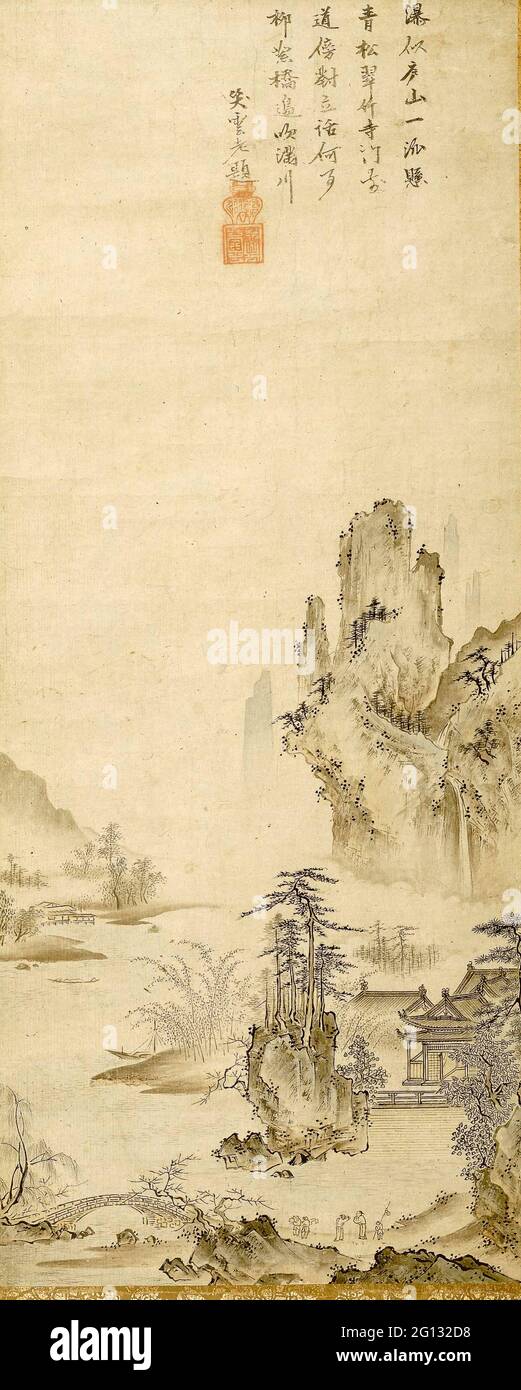 Oguri Sotan. Landscape - 15th century - Attributed to Sotan Japanese, 1413-1481 Ink and colors on paper, hanging scroll. 1413 - 1481. Stock Photo