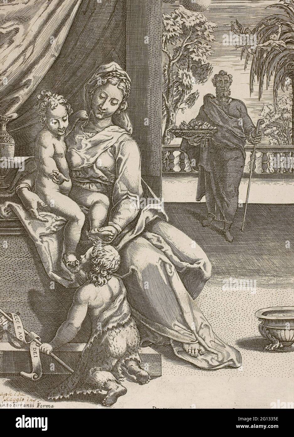 Diana Scultori. Virgin and Child with Saint John - 1575 - Diana Scultori (Italian, c. 1536-c. 1590) after Raffaellino da Reggio (Italian, 1550-1578). Stock Photo