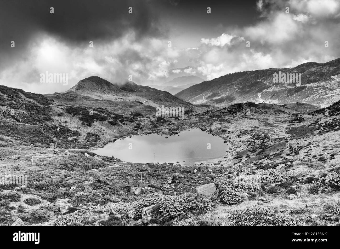 Top view of Kalapokhri lake, Sikkim, Himalayan mountain range, Sikkim - It is one of beautiful remote placed lakes of Sikkim. Black and white image. Stock Photo