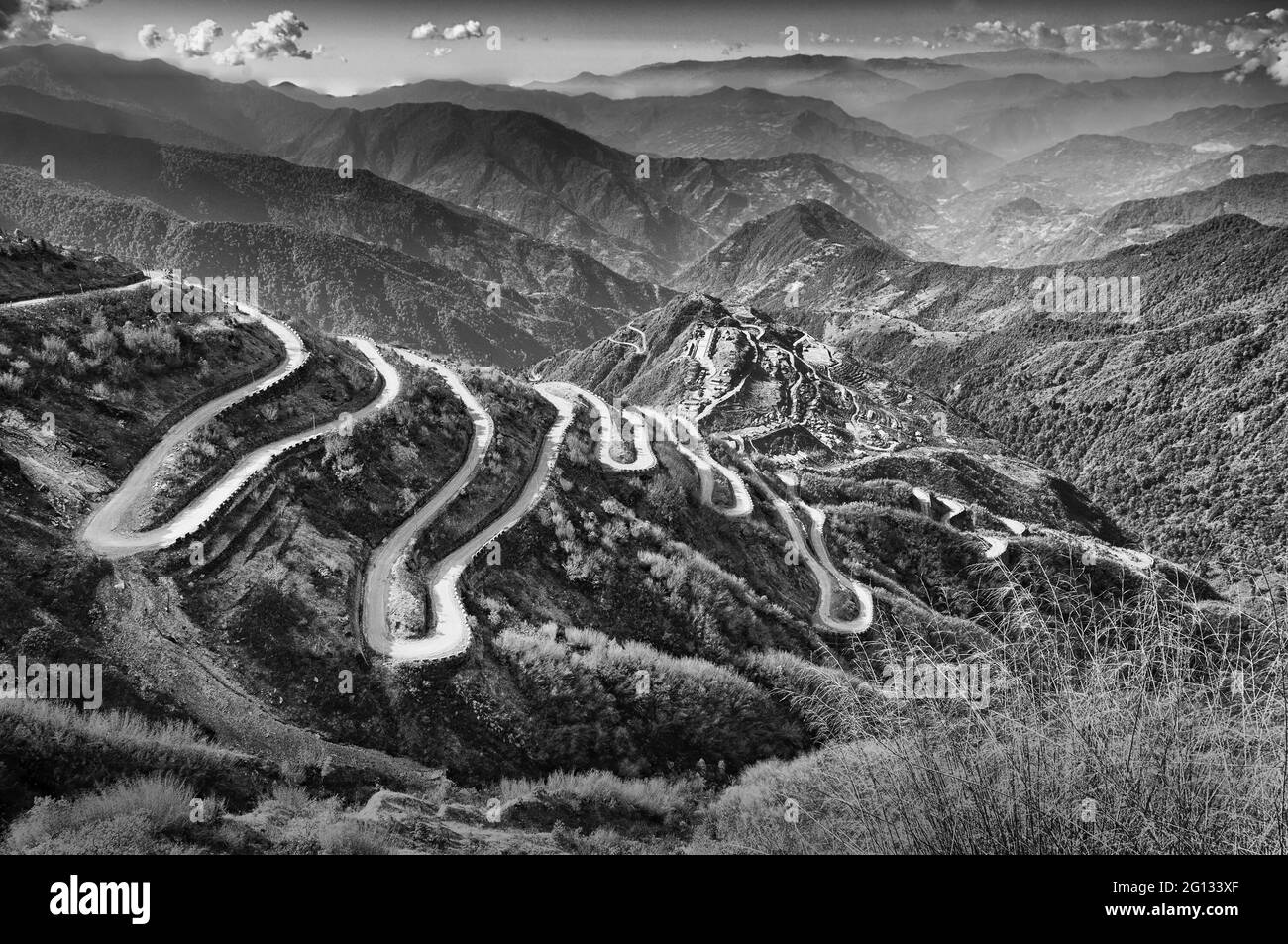 Beautiful Curvy roads on Old Silk Route, Silk trading route between China and India border, Sikkim, India. part of OBOR project of China for trade. Stock Photo