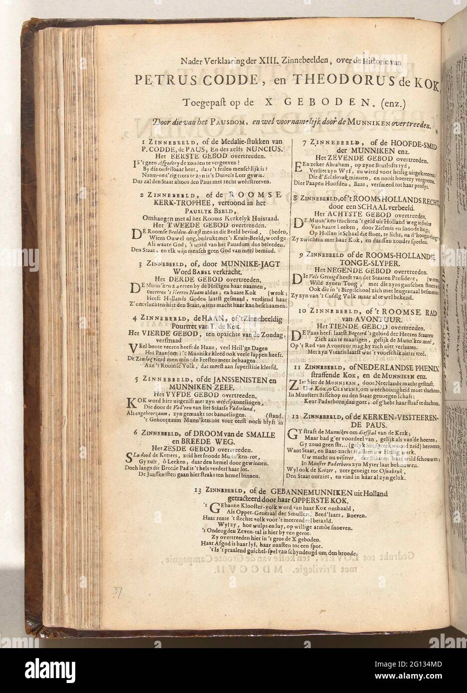 Table of contents for Roma Pertubata, 1706; Further explaining the XIII. Sommon images, about the history of Petrus Codde, and Theodorus de Kok, applied to the X commandments. (etc.); Roma Pertubata / 't Lusthof from MoMus. Table of contents for the Roma Pertubata series of 1706, in the new multiplied edition of 1707. Two columns with a verse for each of the 13 cartoons on the arts in 1705 between the Jesuits and the Jansenists in the Republic. Part of the printing work under the collective title 't Lust Court of Momus with the bundled series of cartooning during the 1901-1713 of the Spanish S Stock Photo