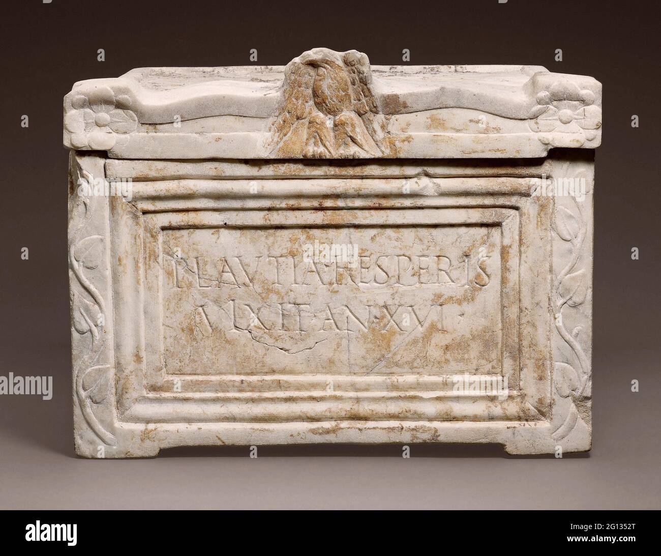 Author: Ancient Roman. Cinerary Urn of Plautia Hesperis - 1st century AD - Roman. Marble. 1 AD - 100 AD. Italy. Stock Photo